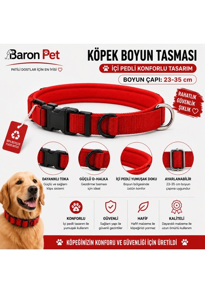 Geri Dönüştürülmüş Pedli Köpek Boyun Tasması 23-35 Cm Klips Tokalı - Kırmızı Çok Renkli