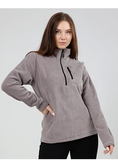 Genius Store Kadın Polar Yarım Fermuarlı Outdoor Cepli Spor Polar Gri Açık Gri