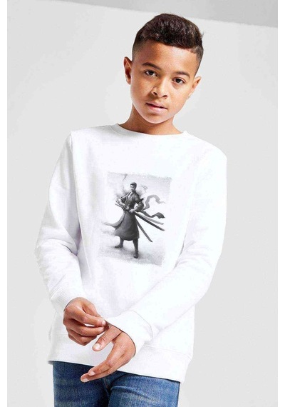 Tshirthane Anime One Piece Flame Baskılı Unisex Çocuk Beyaz Sweatshirt Beyaz