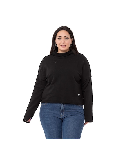 Büyük Beden Kapüşonlu Düşük Kollu Pis Dikişli Üç İplik Siyah Sweatshirt-siyah Siyah