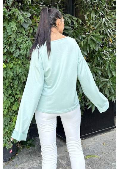 WeShaya Mint Katlama Kollu Pamuklu Bluz Mint