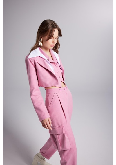 Holly Lolly Çıkarılabilir Gömlek Yakası Detaylı Çizgili Crop Kira Blazer Ceket Pembe