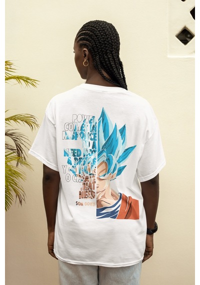Dragon Ball Son Goku Sırt Baskılı Unisex Oversize Anime Tişört Beyaz
