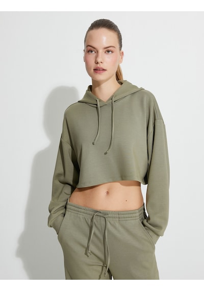 Koton Spor Crop Kapşonlu Oversize Sweatshirt Modal Kumaş Uzun Kollu Haki 4wak10225nk Haki