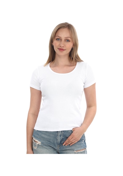 Monox Kadın Fitilli Likralı Pamuk Basic Tshirt Beyaz