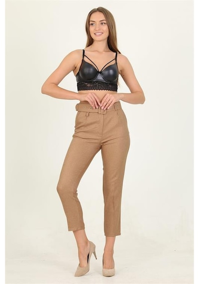 Neşeli Butik Kadın Camel Cepli Kemer Detaylı Kumaş Pantolon Qns026 Camel