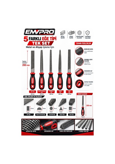 Emwpro 5 Parça Eğe Seti 200 Mm Metal Ahşap Törpüleme Ve Şekillendirme Takımı Düz Yuvarlak Yarım Yuva