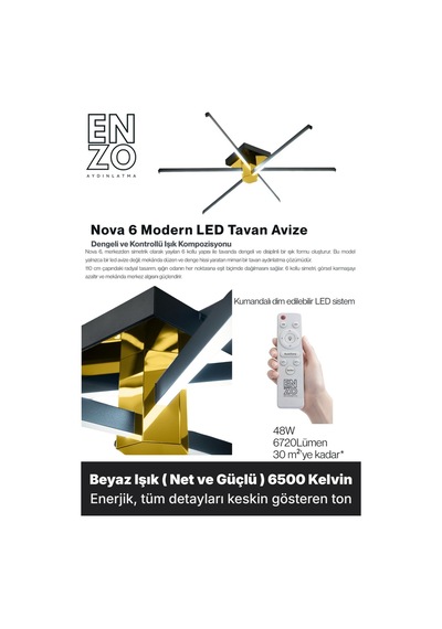 Nova 6 Gold Led Tavan Avize Kumandalı Dim Edilebilir Aşağı Işık Beyaz Işık - Nova 6