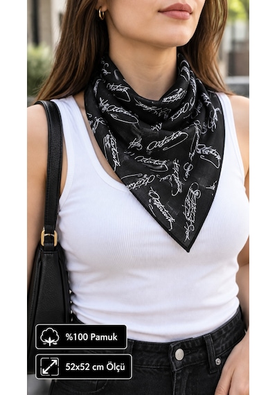 Herşeynota Atatürk İmza Desenli Siyah %100 Pamuk 52x52 Cm Fular Bandana Okul, Etkinlik, Tören, Gösteri Çok Renkli