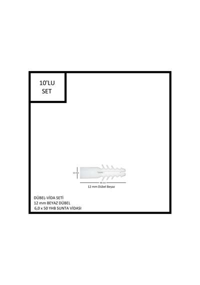 Dübel-vida Seti, Beyaz Dübel 12 Mm, 6,0x50 Yhb Sunta Vidası, 10 Adet