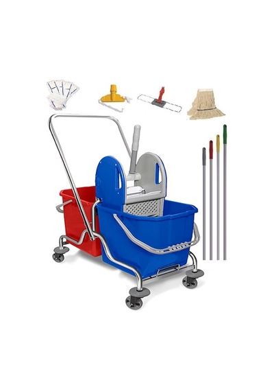 Safell Çift Kovalı Krom Temizlik Arabası - Full Temizlik Seti 20 Litre - 6 Parça