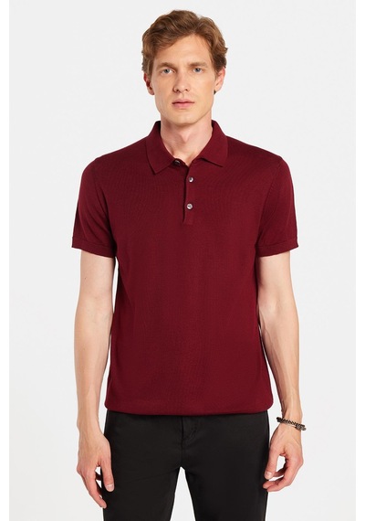 Tudors Erkek Slim Fit Dar Kesim Pamuklu Örme Triko Bordo Polo Yaka Tişört-34242 Bordo