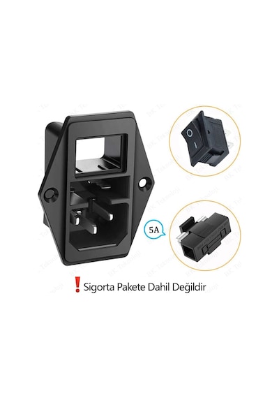 Sigortalı C14 Şase Erkek Girişi Vida Montajlı Anahtarlı Güç Soket