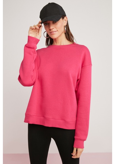 ETHIQUET A FREDA Kadın Pamuklu Içi Polarlı Yumuşacık Yuvarlak Yaka Comfort Fit Basıc Pembe Sweatshirt