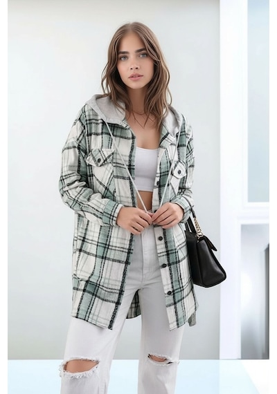 Mamayaga Kadın Desen Bloklu Oduncu Oversize Geniş Kalıp Casual Cepli Kapüşonlu Uzun Boy Ceket Gömlek Beyaz - Yeşil Mamayaga Kadın Desen Bloklu Oduncu Oversize Geniş Kalıp Casual Cepli Kapüşonlu Uzun Boy Ceket Gömlek Beyaz - Yeşil