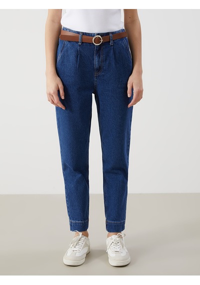 Lcw Jeans İndigo Beli Kemerli Mom Fit Kadın Jean Pantolon
