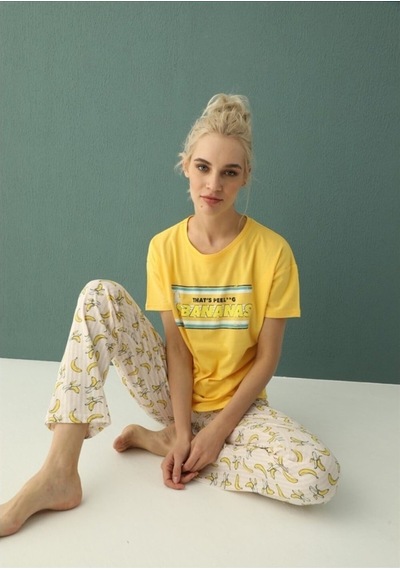 Arcan | Kadın Sarı Penye Baskılı Pijama Takımı Pamuklu Kısa Kollu