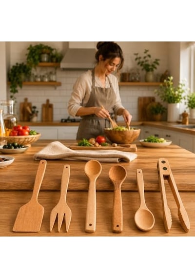 Doğal Şimşir Ağacından Ahşap Mutfak Seti, Spatula, Çatal, Kaşık Ve Maşa, 6 Parça, Doğal Renk
