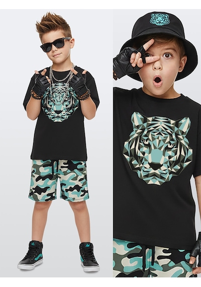 Denokids Erkek Çocuk Takım Kaplan Baskılı %100 Pamuk T-shirt Şort Yazlık Takım Çok Renkli