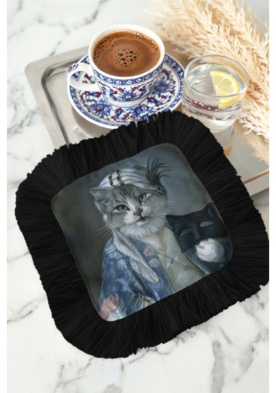 Asil Vintage Kedi Portreli Saçaklı Sunum Peçetesi - Zarif Maskeli Bohem Siyah Bardak Altlığı Mendil Çok Renkli