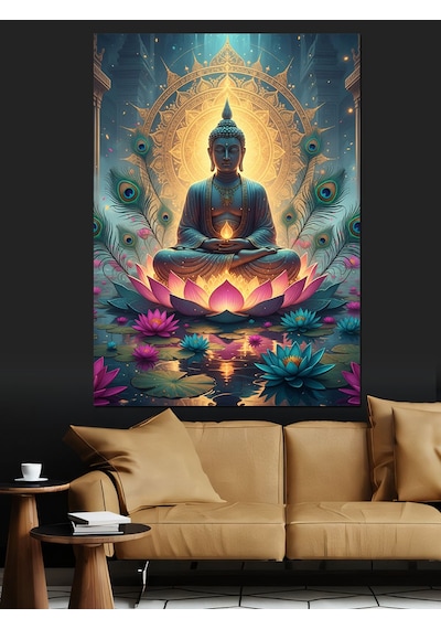 Altın Buda Heykeli Meditasyon Dekoratif Kanvas - Mdf Ahşap Tablo