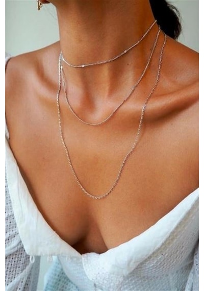 Kadın Üçlü Şeri Zincir Kolye Silver Katmanlı Kolye Choker Uzun Çoklu Kolye Çok Renkli