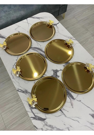 6'li Kelebekli Yuvarlak Gold Sunum Tepsisi Dekoratif Servis Tepsisi Çay, Kahve 22 Cm