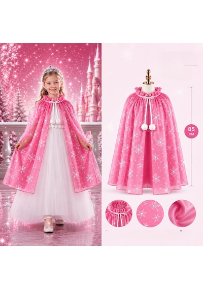 SKYGO Kar Tanesi Desenli Pembe Elsa Pelerini - Astarlı Frozen Pelerini 85 Cm Pop Çok Renkli