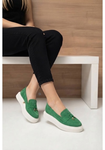 Shoetek Aylisa Kadın Makosen Ayakkabı Püsküllü Yeşil Süet