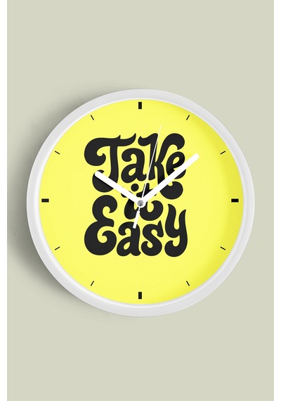 Modern Yazılı Tasarım - '' Take It Easy '' Duvar Saati - 42cm - Önü Camlı Beyaz Kasa Beyaz