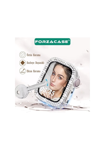 Forzacase Apple Watch 49mm İle Uyumlu Elmas Taşlı Ekran Koruyuculu Plastik Kılıf Şeffaf - Fc1010