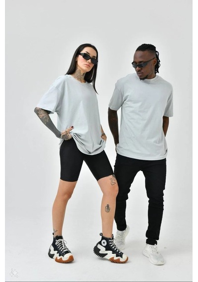 Unisex Basic Bisiklet Yaka Oversize T-shirt - Boyalı Gri 001