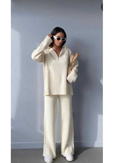 Wellway Kadın Bisiklet Parmak Arası Detaylı Kazak + Geniş Paça Lastikli Pantolon İkili Takım-bej Bej Wellway Kadın Bisiklet Parmak Arası Detaylı Kazak + Geniş Paça Lastikli Pantolon İkili Takım-bej Bej