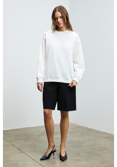 Grımelange KARIUS Kadın Organik Pamuklu İçi Polarlı Oversize Yuvarlak Yakalı Beyaz Sweatshirt