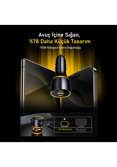 Aohi Araç İçi 3 Portlu 170w Şarj Cihazı, 140w Led Ekranlı Naylon Örgülü Süper Hızlı Şarj Kablosu
