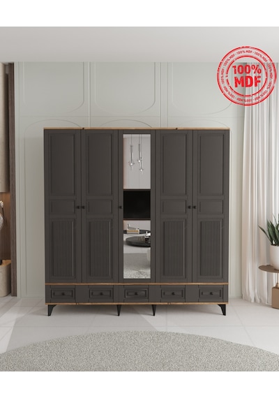 Nil 5 Kapaklı Çekmeceli Gardırop - Tamamı Mdf Antrasit