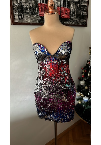 Chica Rosa Fashion Pullu Çok Renkli Straplez Mini Elbise