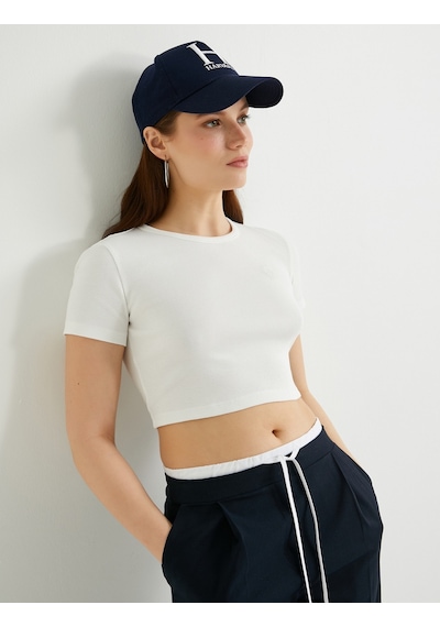 Koton Crop Tişört Kısa Kollu Bisiklet Yaka Fitilli Beyaz 4sak50234ek Beyaz