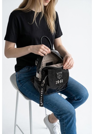 Baginn Kadın Sırt Çantası Taşlı Model Black-silver 25 19 Cm Günlük Mini Sırt Çantası Fonksiyonel Kullanım Siyah