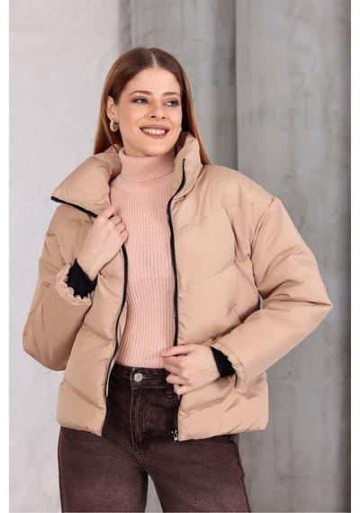 Blayn Jeans Kadın Kapüşonsuz Şişme Mont Krem