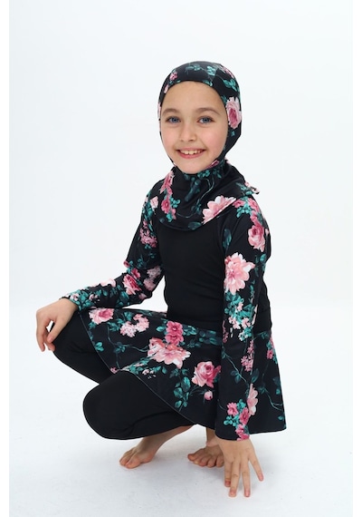 My Kids Wear Üç Parça Kız Çocuk Haşema, Tesettür, Etekli, Kapalı Mayo Mercan - Pembe