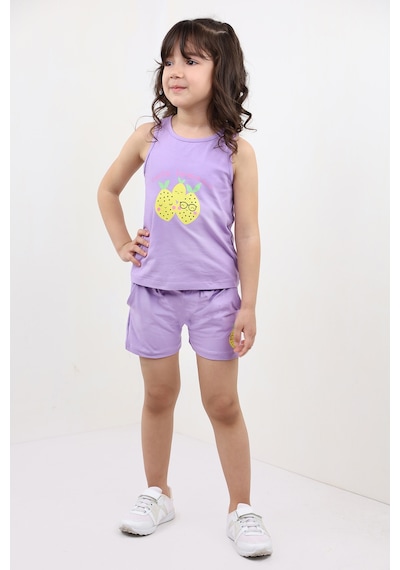 Toontoy Kids Toontoy Kız Bebek 2'li Takım Baskılı Bisiklet Yaka T-shirt & Beli Lastikli Cepli Şort Lila