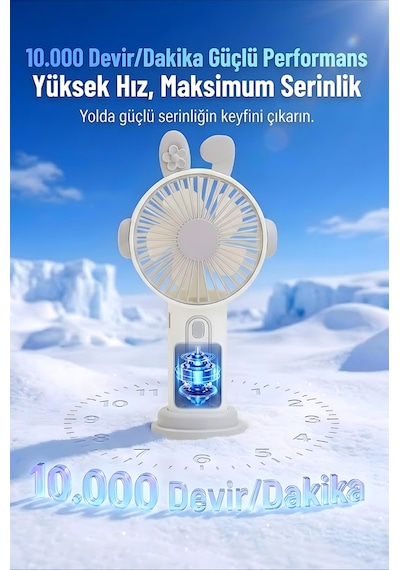 Şarjlı Taşınabilir Sevimli Kulak Tasarımlı Mini Fan 3 Kademeli Hız Telefon Standlı Vantilatör Gri