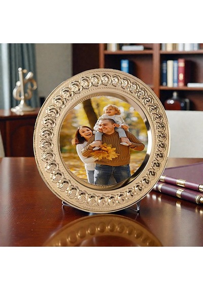 Kişiye Özel Fotoğraf Basklı Metal Tabak Plaket Gül Desenli Gold Ve Gümüş Renk 25 Cm