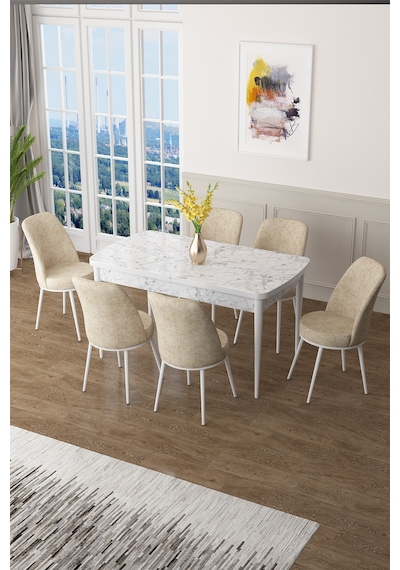 Canisa Zen Serisi 80x132 Mdf Açılabilir Beyaz Mermer Desen Masa Takımı Ve 6 Krem Sandalye Masa Beyaz Mermer Desenli Sandalyeler Krem Canisa Zen Serisi 80x132 Mdf Açılabilir Beyaz Mermer Desen Masa Takımı Ve 6 Krem Sandalye Masa Beyaz Mermer Desenli Sandalyeler Krem