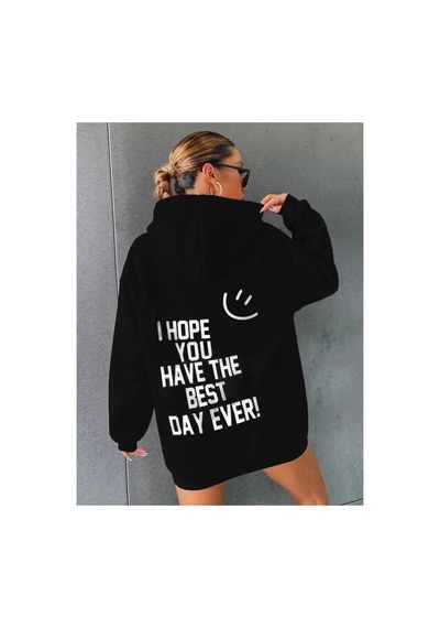 Tarzsokak Siyah Happy Baskılı Oversize Kapüşonlu Sweatshirt