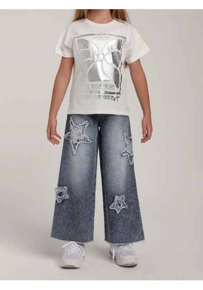 Escabel Kız Çocuk Pamuklu Gümüş Varak Desenli Tasarım T-shirt-15616 Beyaz