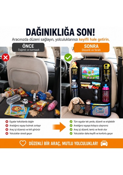 Polham 8 Bölmeli Araç Koltuk Arkası Organizer Tablet Bölmeli Fileli Oto Koltuk Arkası Eşya Düzenleyici