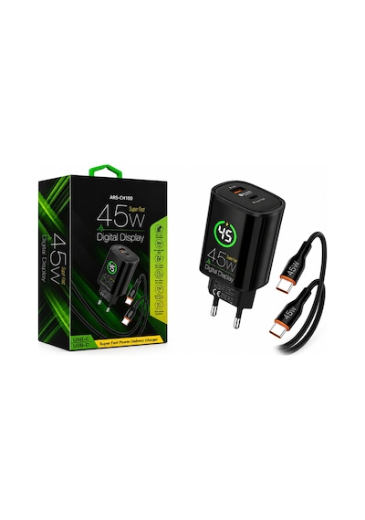 Ch100 Dijital Ekranlı 45w Hızlı Şarj Adaptörü Ve Pd Kablo Set