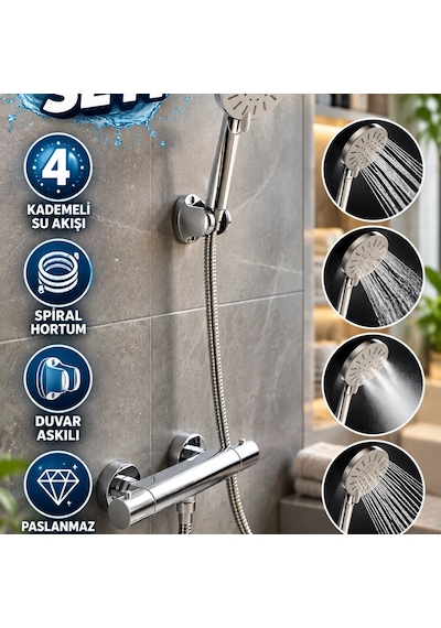 4 Kademeli Krem El Duşu Seti Spiral Hortum Ve Duvar Askılı Çok Renkli 60652965